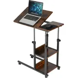Relaxdays Laptoptisch, 63–90 cm höhenverstellbar, neigbar, Beistelltisch mit Rollen, 2 Ablagen, C-Form, braun/schwarz