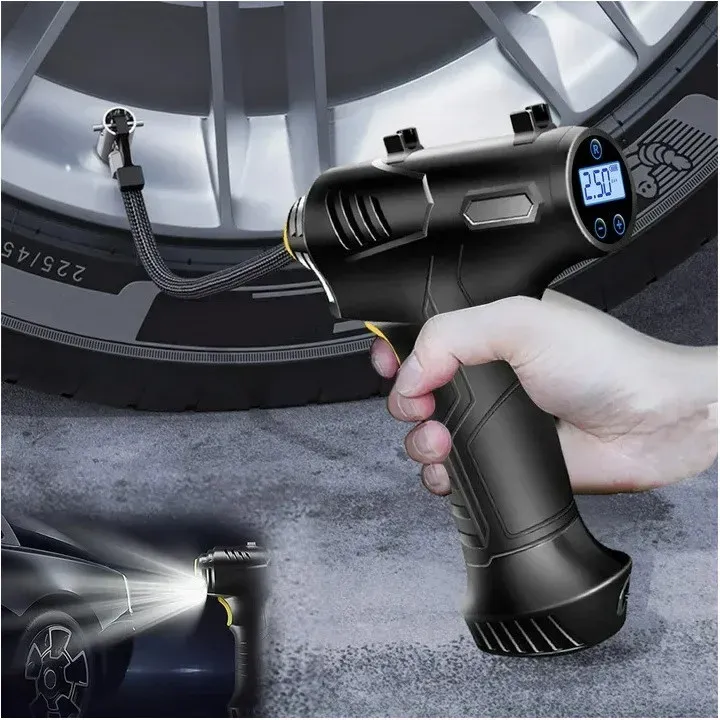 Tragbarer kabelloser Mini-Luftkompressor und Reifenpumpe mit LED-Display und eingebauter Batterie für Auto, Fahrrad, Motorrad un