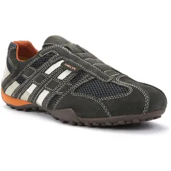 Slip-On Sneaker GEOX "UOMO SNAKE", Herren, Gr. 45, grau (dunkelgrau, beige), Veloursleder, Textil, sportlich, Schuhe, Slipper, Freizeitschuh mit Ziernähten und mit Geox Spezial Membrane