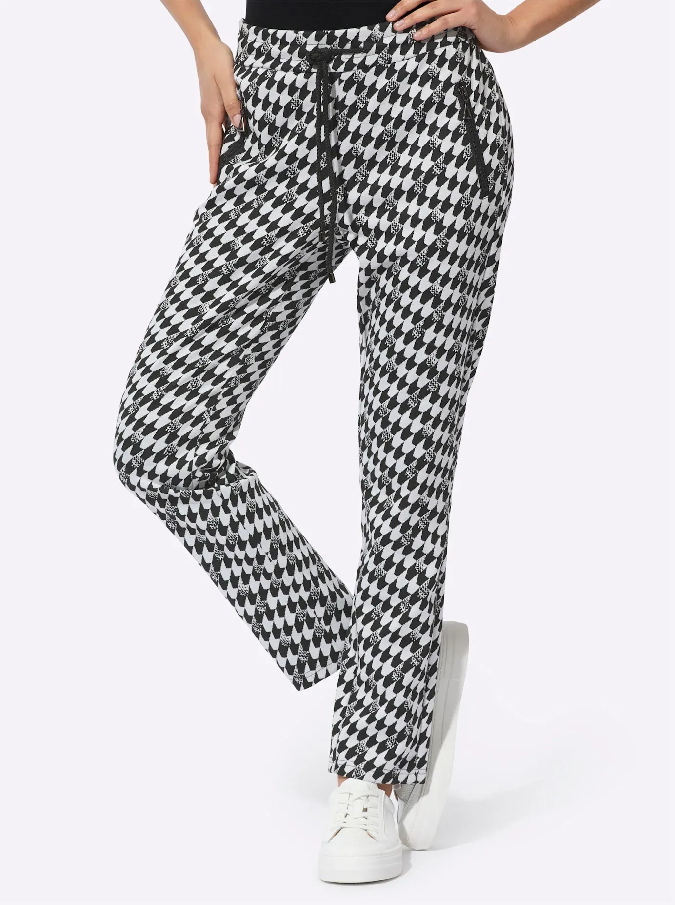 Jogger Pants CREATION L, Damen, Gr. 36, Normalgrößen, schwarz-weiß (schwarz, weiß, gemustert), 62% Polyester, 35% Viskose, 3% Elasthan, gemustert, Hosen