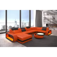 Sofa Dreams Wohnlandschaft Ledercouch Sofa Leder Berlin U Form Ledersofa, Couch, mit LED, wahlweise mit Bettfunktion als Schlafsofa, Designersofa orange|schwarz