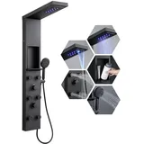 KINKIBOS Duschpaneel mit Armatur und Ablage LED Matt Schwarz, 4 Modi Duschsäule Regen&Wasserfall-Dusche, 6 Breitwinkel Verstellbare Massagedüsen, Handbrause, Duschsäule Edelstahl