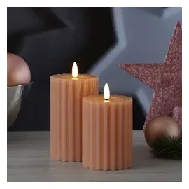 MARELIDA LED Kerze Liv Echtwachs gerillt geriffelt flackernd 12cm Timer altrosa