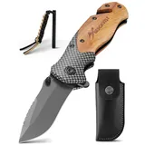 BERGKVIST® K19 Klappmesser (Einhandmesser) mit Holzgriff & Titanium für Outdoor & Survival - 3-in-1 Taschenmesser mit Glasbrecher, Gurtschneider & Feuerstahl
