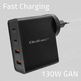 Qoltec GaN POWER PRO charger 2xUSB C, 2xUSB, 130W - Schwarz