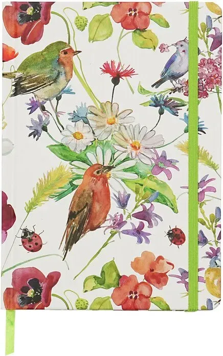 Jubiluu A5 Hardcover-Notizbuch mit gelinerten Seiten - 96 Seiten (100 g Offetpapier), Lesezeichen & Gummiband - klassisches cremefarbenes geliniertes Journal für Schreiberei, Schule, Büro und als Geschenk - Vogel- & Blüten-Kollage