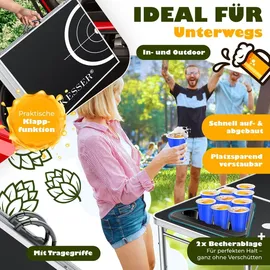 Kesser KESSER® Bier Pong Tisch Set mit Kartenspiel Trinkspiel inkl. 100 Becher (50 Rot & 50 Blau), 6 Bälle + Regelwerk Partyspiele Table Höhenverstellbar Klappbarer ohne oder mit LED