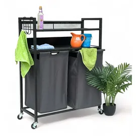 DanDiBo Ambiente DanDiBo Wäschekorb 2 Fächer mit Ablagen Schwarz Metall 96501 Wäschesammler Wäschewagen mit Rollen Wäschebox Wäschekorb Wäschesack Modern