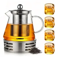 1300ML Teekanne Glas Set, Glas Teekanne und Stövchen Set mit Stövchen Teeservice 4 Gläser Borosilikatglas Glasteekanne mit Siebeinsatz Teebereiter mit Sieb und Teelichtofen für Alle Tee