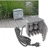 ChiliTec Gartensteckdose 21890 Stone, 4-fach 5m Kabel I Stein-Optik 4x Steckdose mit Schutzdeckel IP44 Steckdosenverteiler für Aussenereich Grau