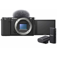 Sony Alpha ZV-E10 | APS-C spiegellose Wechselobjektiv-Vlog-Kamera (schwenkbarer Bildschirm für Vlogging, 4K-Video, Echtzeit-Augen-Autofokus) Schwarz + Mikrofon