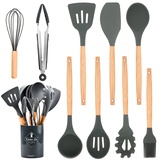 Xiumeso Silikon Kochlöffel Set, 9 Stücke küchenutensilien küchenzubehör, Antihaftes Hitzebeständiges Küchenhelfer Set mit Holzgriff, BPA-frei, Silikon-Kochbesteck-Set zum Backen & Servieren