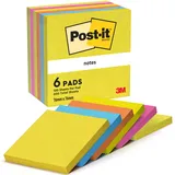 Post-it Notes Energetic Collection, Packung mit 6 Blöcken, 100 Blatt pro Block,76 mm x 76 mm, Farben: Gelb, Blau, Orange, Pink, Grün - Selbstklebende Notizzettel für Notizen und Erinnerungen