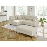 s-style möbel - Ecksofa mit Schlaffunktion und Hocker mit Braun Holzfüßen im skandinavischen Stil aus Beige Cord-Stoff, Ottomane links - Beige