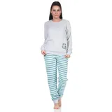 RELAX by Normann Damen Frottee Schlafanzug mit Bündchen - Hose gestreift, Oberteil mit Mond Applikation, Farbe:grau, Größe:36-38 - 36-38