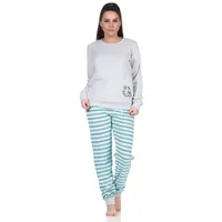 RELAX by Normann Damen Frottee Schlafanzug mit Bündchen - Hose gestreift, Oberteil mit Mond Applikation, Farbe:grau, Größe:36-38 - 36-38