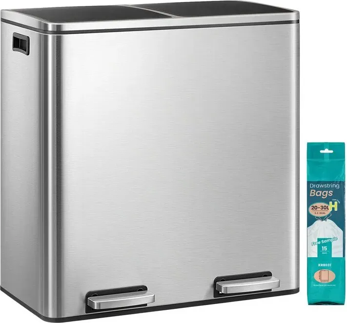 Ochama Silber-schwarzer dualer 30-Liter-Wertstoffbehälter (2 x 8 Gallonen) –59x36.5x62.4cm Metall, 2 Fächer mit Pedalen, sanft schließende Deckel, Kunststoff-Inneneimer, inklusive 15 Müllbeuteln