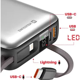Swissten 20000 mAh mit integriertem USB-C und Lightning Kabel space silber