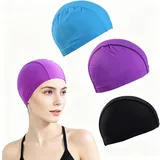 3 Stück Damen Badekappen, Atmungsaktive Schwimmkappen aus Polyester, Elastische & Faltenoptik Badehauben, Extra Groß für Lange Haare, Chlorbeständig, Geeignet für Hallenbad & Urlaub