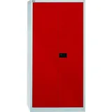 BISLEY Flügeltürenschrank Metall 4 Fachböden Lichtgrau/Kardinalrot 50 x 91,4 x 195 cm