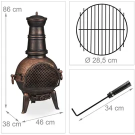 Relaxdays Terrassenofen, Aztekenofen mit Schürhaken, Gusseisen, Funkenschutz, für Garten, HxBxT: 86x46x38 cm, Bronze