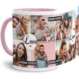 Tasse mit Spruch LOVE zum SELBSTGESTALTEN mit FOTO-COLLAGE für 8 WUNSCHFOTOS - Fototasse personalisiert - Persönliche Geschenkidee für Freunde und Familie - Innen & Henkel Rosa