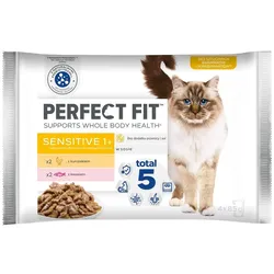 PERFECT FIT Sensitive 1+ 4x85g Beutel in Hühnersauce mit Lachs für ausgewachsene Katzen