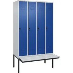 C+P Spind Classic PLUS, Bank, 4 Abteile, 2120x1200x815mm, 7035/5010 Verschluss Sicherheits-Drehriegel 4 Garderobenhaken Trennwand mittig Dekor Banklatten RAL 7035 Lichtgrau Sitzbanktyp auskragend