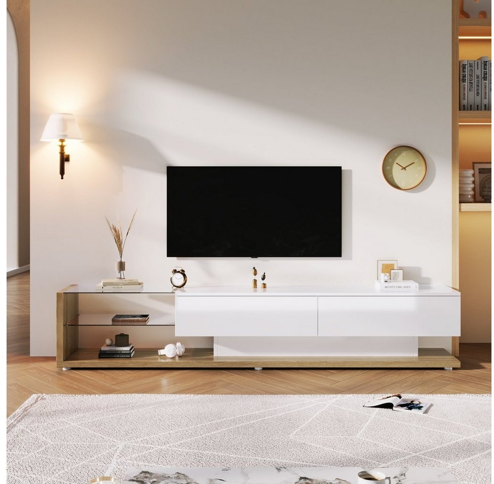 Celya TV-Schrank Glastrennwände und variable LED-Beleuchtung, Fernsehtisch TV Board Lowboards, Hochglanz-Wohnzimmermöbel beige