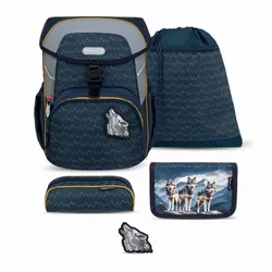 Belmil Maxi Schulranzen-Set 5-teilig Wolfs mit Brustgurt, Magnetverschluss, Patch 1 Stück Wolfs Schulranzen Set