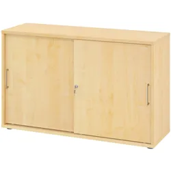 bümö Schiebetürenschrank 2OH - Aktenschrank abschließbar, Sideboard Schrank mit Schiebetüren in Ahorn, Bügelgriff - Büroschrank aus Holz mit