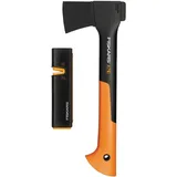 Fiskars Set Universalaxt X7-XS, Mit Axt- und Messerschärfer, Länge: 35,5 cm, Schwarz/Orange, 1020183 (Limitierte Auflage)