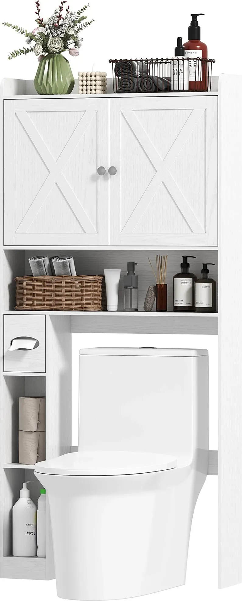 HOMCOM Toilettenaufsatzmöbel über Toilette Schrank mit X-förmigen Scheunentüren, verstellbarem Regal, offenen Fächern und Papiertücherhalter, 81,5x19,6x172cm, weiß   Aosom