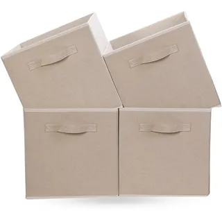 OVAKIA Faltbare Aufbewahrungsbox aus Stoff, 30 x 30 x 30 cm Aufbewahrungswürfel ohne Deckel, Zusammenklappbarer Schrank mit Griffen Organizer für Kleidung Würfelregal, 4 er-Pack (Beige)