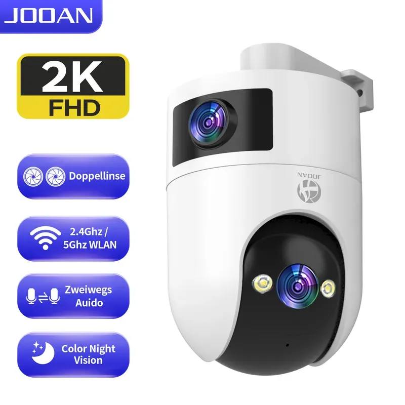 JOOAN Doppelobjektiv-Überwachungskamera 2K 5G 2.4G Dual WiFi 360 ° Ansicht, IP66 wasserdichte Farbnachtaufnahme 24/7, automatische Verfolgung der Haustierkamera Überwachung von Senioren / Kindern zu Hause, Cloud- / Kartenspeicher