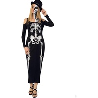 KarnevalsTeufel Damenkostüm Skelett Kleid Schwarz Aufdruck Weiß Gerippe Knochen Brustkorb (40)