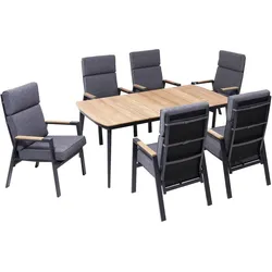 OUTFLEXX Garten-Essgruppe, anthrazit matt, Alu/Teak/Polyester, 184x100 cm, 6 Sessel, inkl. Polster, Teak Armlehnen