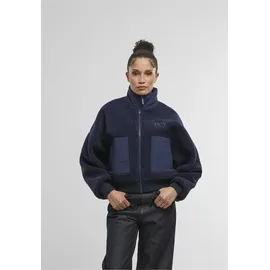 Karl Kani Bomberjacke KARL KANI "Karl Kani OG Crop Teddy Bomber Jacket", Damen, Gr. M, dunkelblau, 100% Polyester, mehrfarbig, oversize, hoch geschlossener Ausschnitt, Jacken Bomberjacke