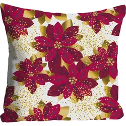 Dekokissen QUEENCE "Rosie", rot (dunkelrot, goldfarben, bedruckt), B:40cm L:40cm, Polyester, Dekokissen_Sitzkissen_Kissenhüllen, Kissenhülle,Rote Blüten,Goldene Blüten,Blumenmuster,Eleganz
