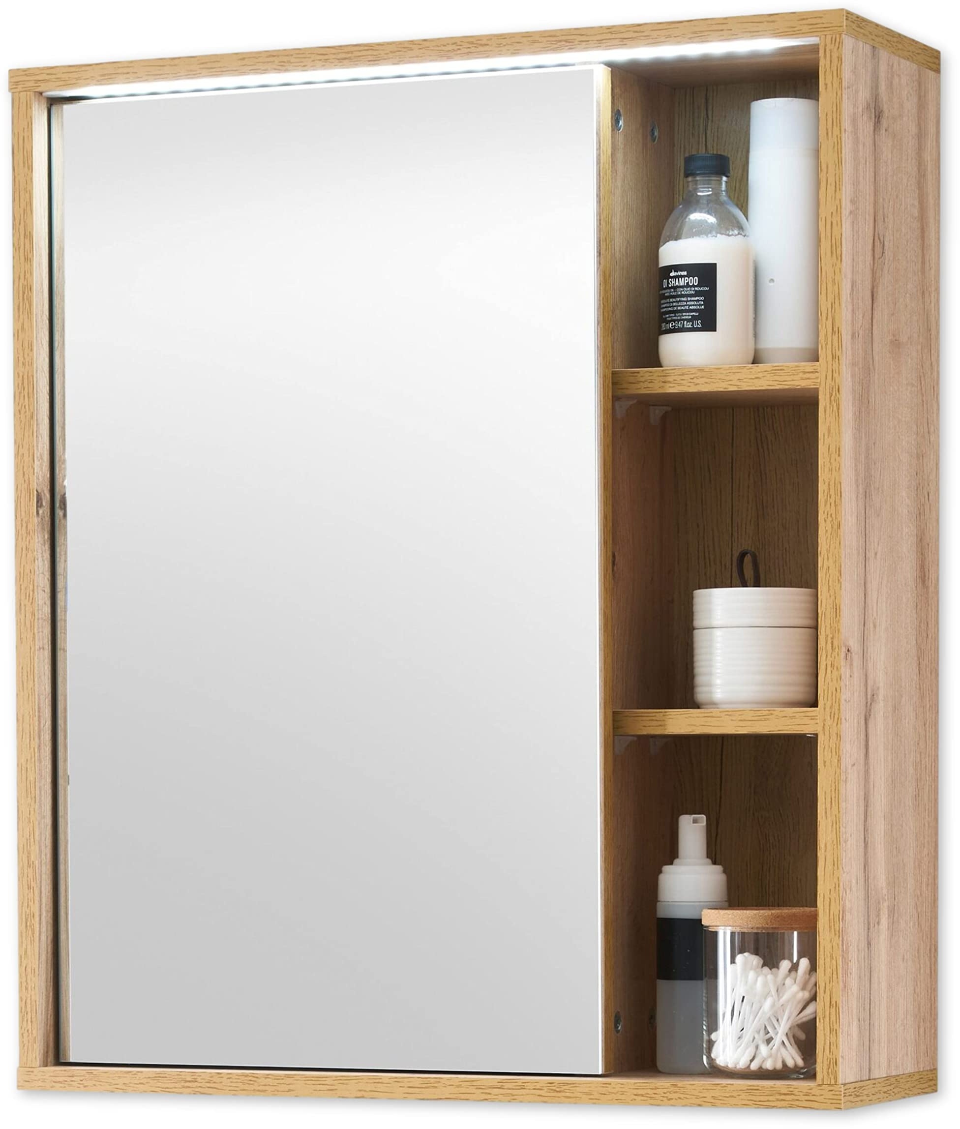 Stella Trading Spiegelschrank Bad mit LED-Beleuchtung in Wotan Eiche Optik - Badezimmerspiegel Schrank mit viel Stauraum - 60 x 70 x 20 cm (B/H/T)