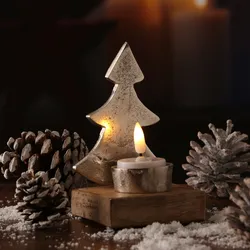 Teelichthalter TANNENBAUM - Aluminium - Mangoholzsockel - H: 13,2cm - natur, sil...