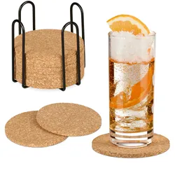 Relaxdays Korkuntersetzer, 16er Set, 10 cm, Getränkeuntersetzer mit Halter, für Gläser & Tassen, Untersetzer Kork, natur