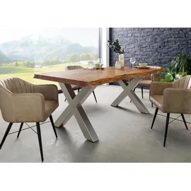 MASSIVMOEBEL24.DE Baumtisch Akazie 220x100x77 Akazie natur lackiert / X-Beine silber matt FREEFORM 5
