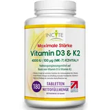 Incite Nutrition Vitamin D3 4000 IE + K2 (MK7) 100 μg – 180 hochdosierte Tabletten - Premium-Qualität – Vorrat für 23 Monate - Vitamin D3 und K2 – vegan – Hergestellt im Vereinigten Königreich