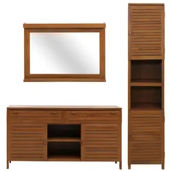 Mendler Teak-Badezimmer-Set HWC-M87, Waschtisch Hochschrank Wandspiegel Badezimmer, hochwertiges B-Grade-Teak