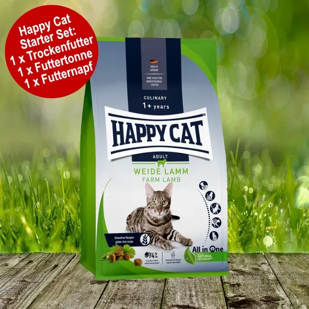 Happy Cat Culinary Adult Weide-Lamm Starter-Set inkl. Futtertonne und Futternapf