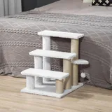 Katzentreppe 3-stufig mit Kratzsäulen und Spielball, Haustiertreppe Tiertreppe, Plüsch Jute Spanplatte, Weiß | 45x40x48 cm | 5,0 kg | Gelenk-sch... - Weiß
