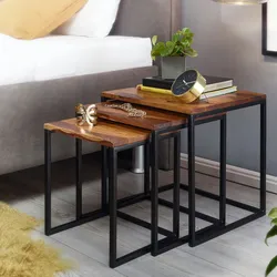 KADIMA DESIGN Satztisch 3er Set Sheesham Massivholz / Metall Beistelltisch Eckig Modern, Design Couchtisch 3-teilig, Wohnzimmertisch Platzsparend, Holztisch