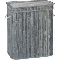 Relaxdays Wäschekorb Bambus, rechteckiger Wäschesortierer, 2 Fächer, mit Klappdeckel, platzsparend faltbar, 95 l, grau