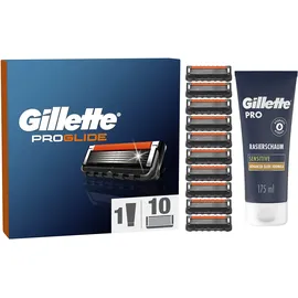 Gillette ProGlide Rasierklingen und Bartpflege Set für Rasierer, 10 Ersatzklingen für Nassrasierer Herren + Gillette PRO Sensitive Rasierschaum 175 ml, Geschenk für Männer